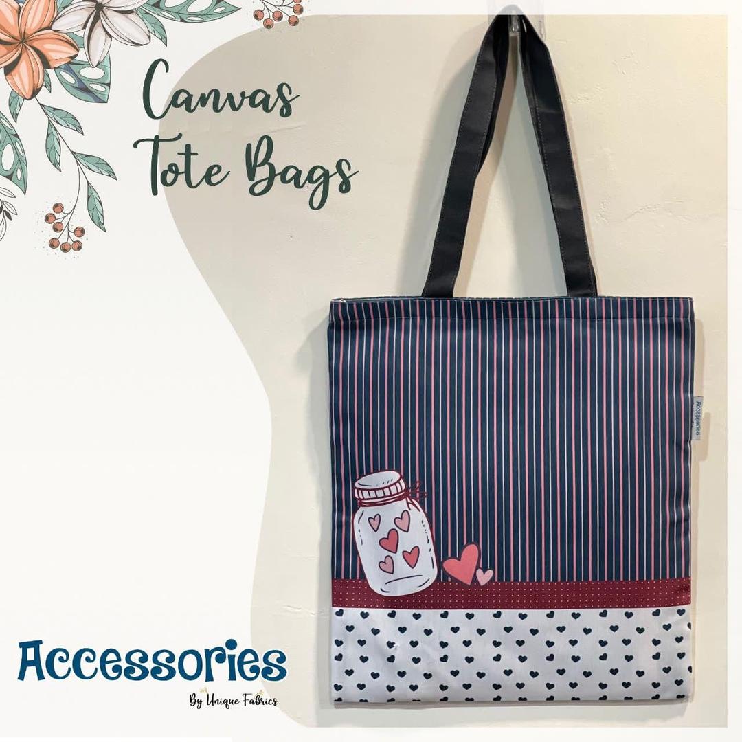 Canvas Tote Bag with Heart Print and Stripe Pattern