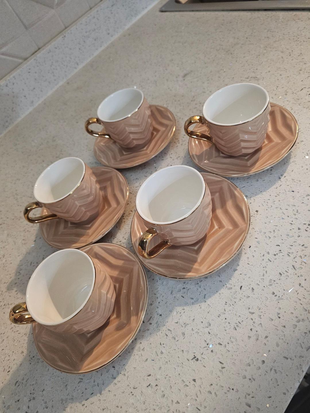 5-Piece Pink Ceramic Espresso Cup and Saucer Set with Gold Handles