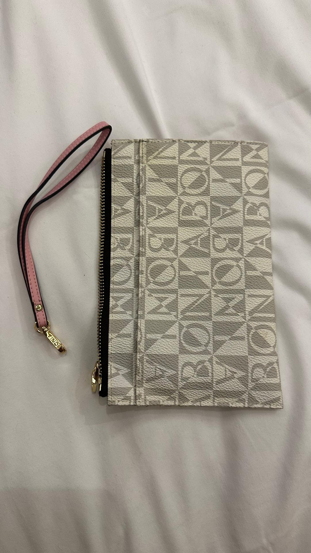 Bonia Monogram Pattern Wristlet Clutch with Pink Strap