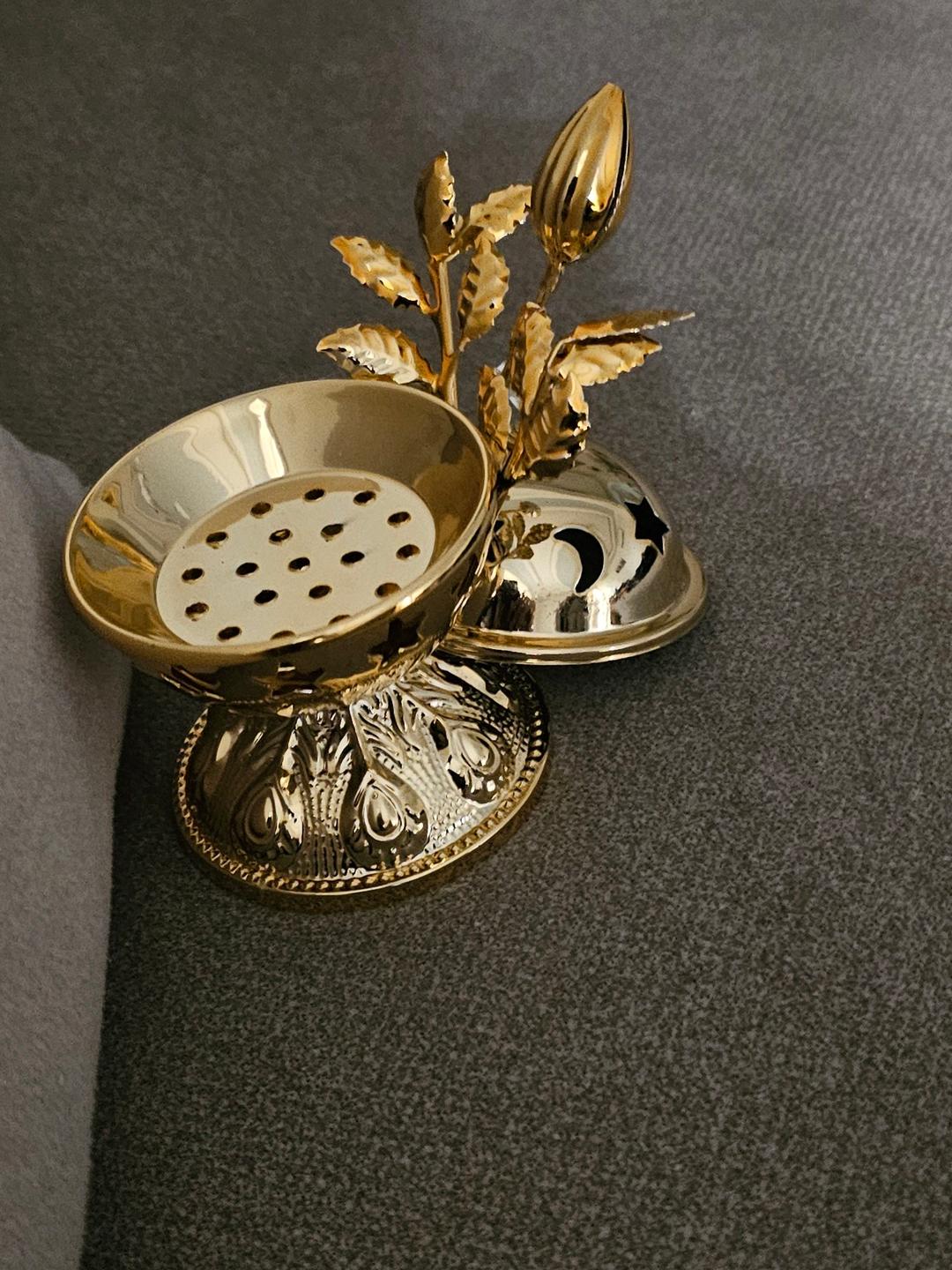 Ornate Gold Metal Incense Burner with Flower Top