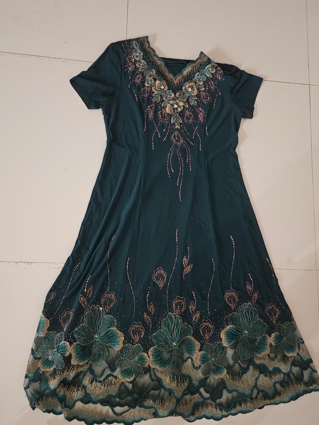 Women's Dark Teal Embroidered & Beaded Midi Dress