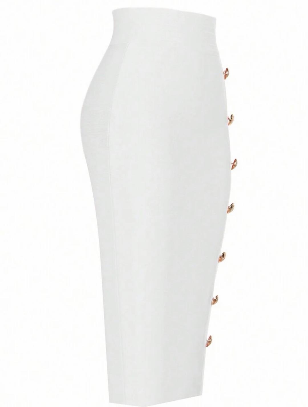 Women's White Bandage Midi Pencil Skirt with Gold Buttons (photo 1 of 3)