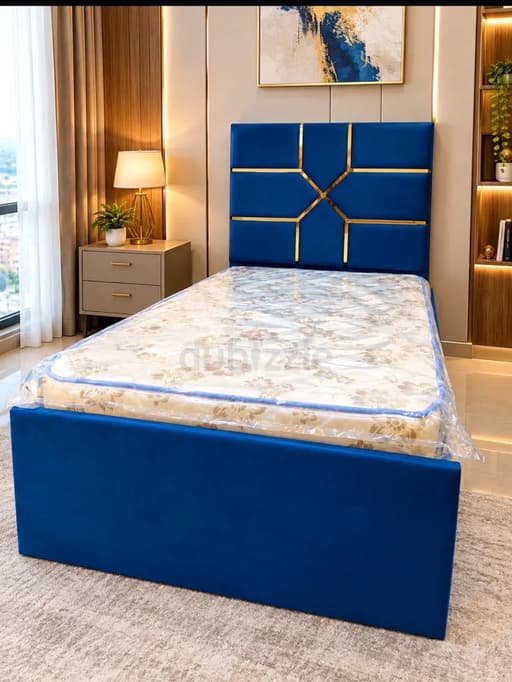 Blue Velvet Single Bed Frame with Gold Inlay Headboard