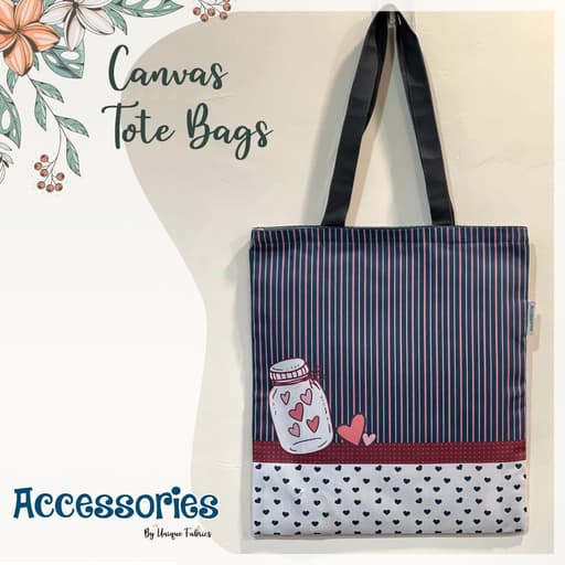 Canvas Tote Bag with Heart Print and Stripe Pattern