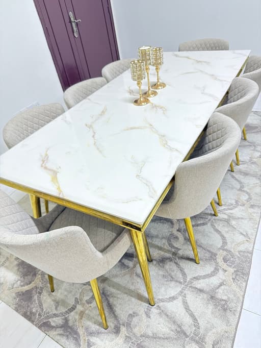 Luxury Marble-Top Dining Table Set with 8 Upholstered Chairs