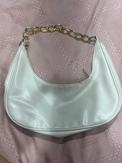 White Curved Shoulder Bag with Gold Chain Strap