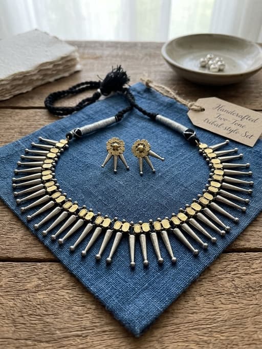Handcrafted Two-Tone Tribal-Style Necklace and Earrings Jewelry Set