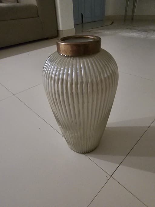 Large Ribbed Glass Decorative Vase with Bronze Metallic Rim