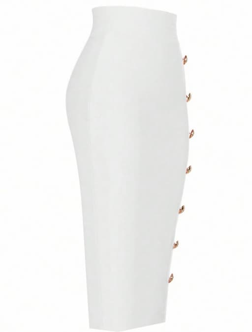 Women's White Bandage Midi Pencil Skirt with Gold Buttons