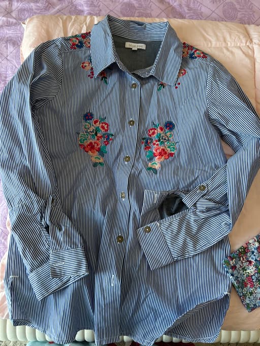 bluezoo Blue and White Striped Long-Sleeve Shirt with Floral Embroidery