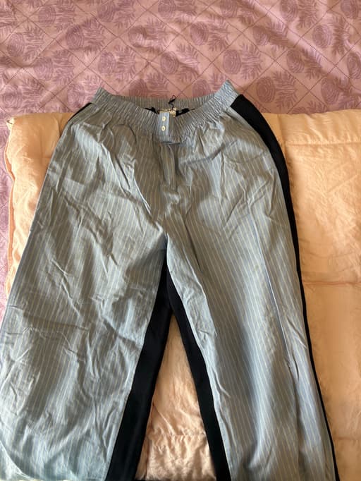 Blue Striped Elastic Waist Casual Trousers with Side Stripe
